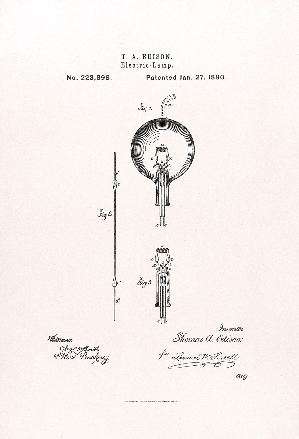Elektrik ampulün 223898 numaralı ve 27 Ocak 1880 tarihli patent belgesi.